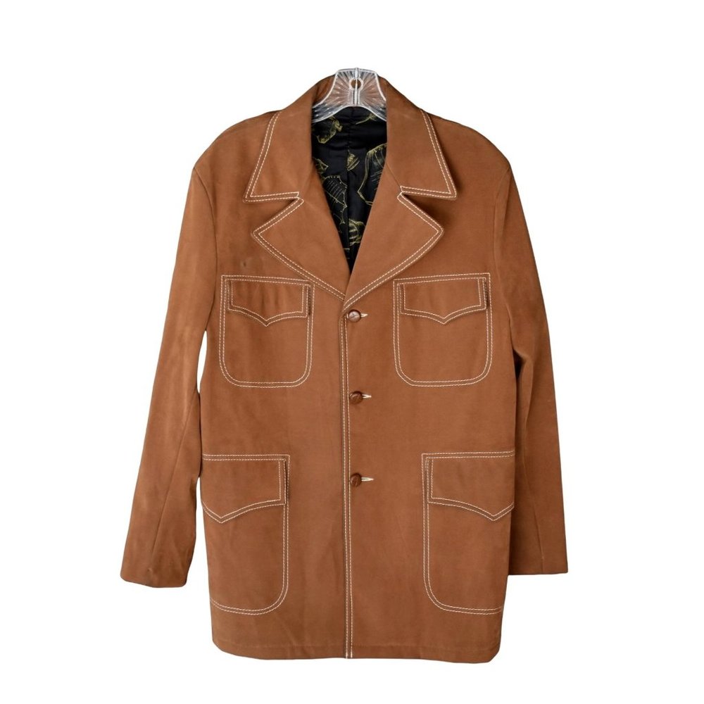 Men's Vintage 70's Brown Vinyl Suede 3 Button Jacket W/Wood Buttons 40R